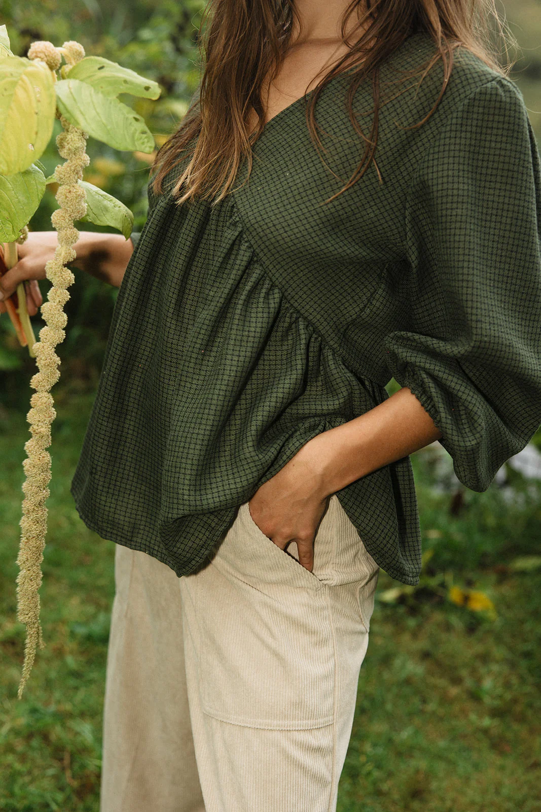 Dari Green Checkered Puff Sleeve Top - Image 3