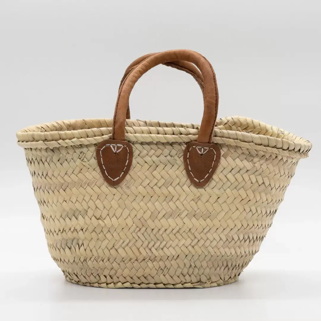 Small French Market Basket Straw Bag Handmade with Leather Handle - Image 3