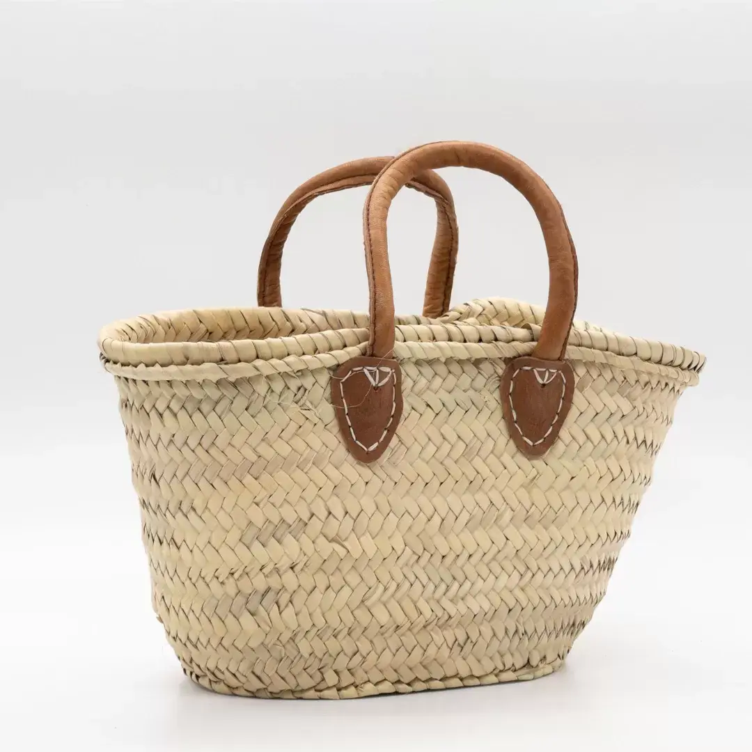 Small French Market Basket Straw Bag Handmade with Leather Handle - Image 4