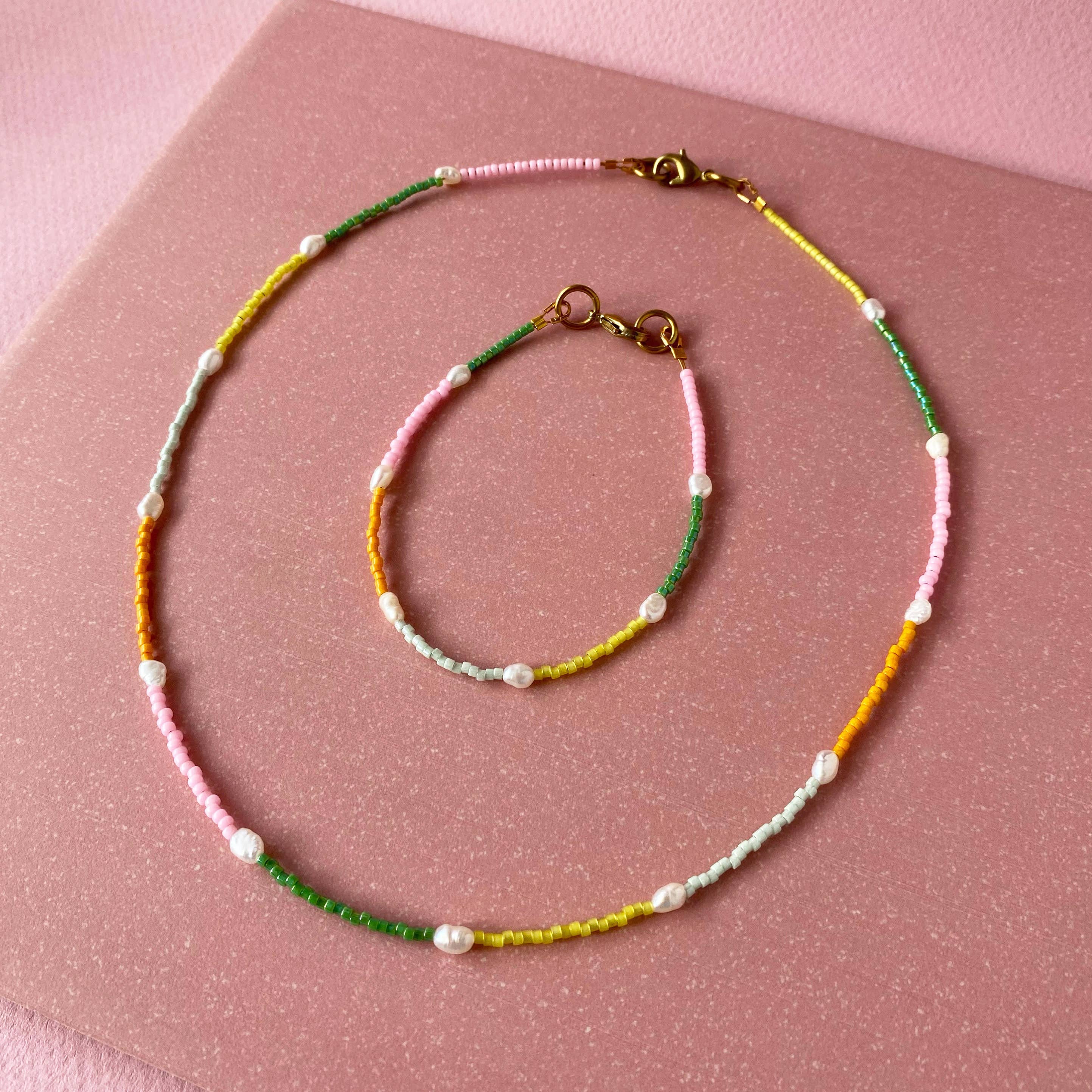 Loela - Node Choker - Mustard and Pink Beads and Freshwater Pearls - Image 2