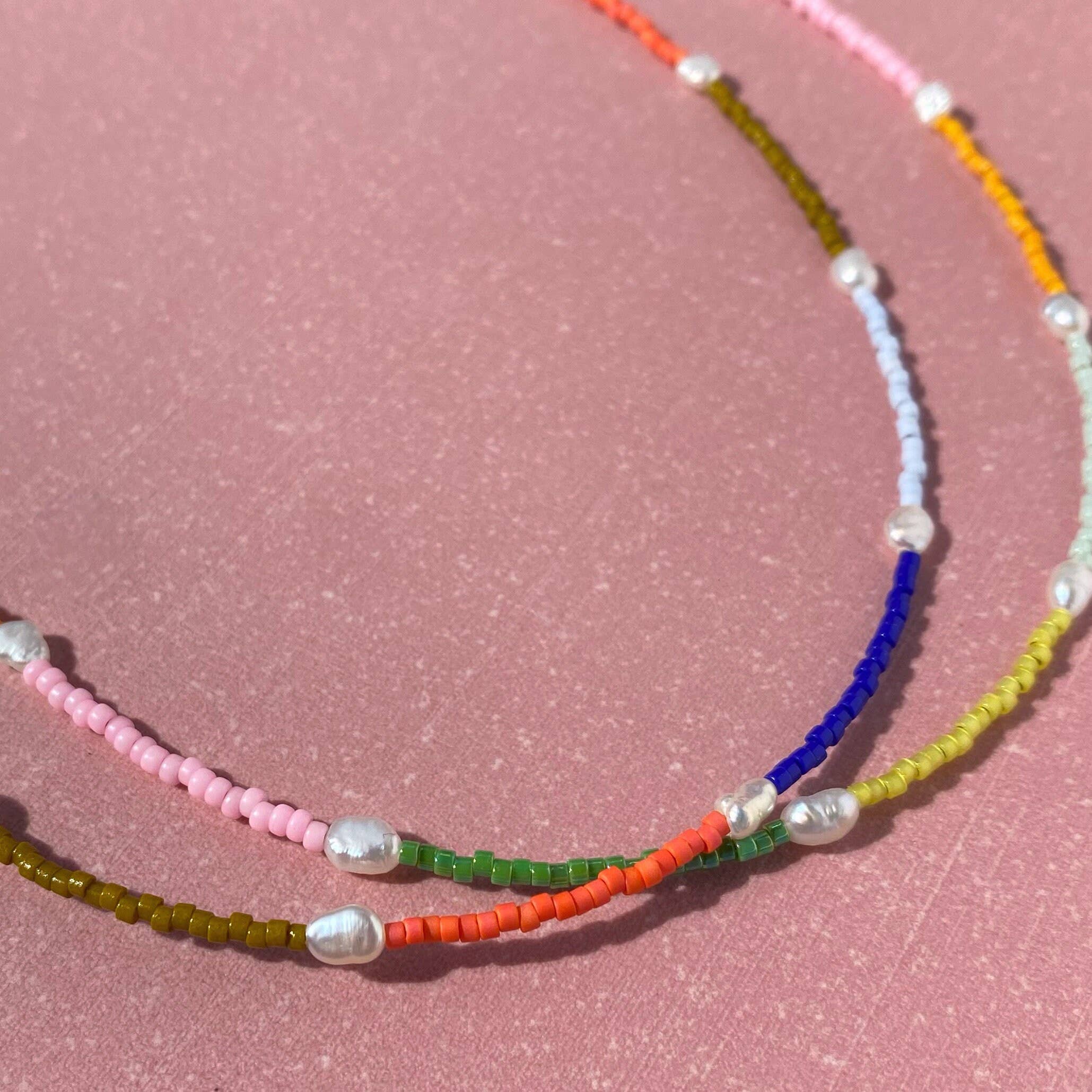 Loela - Node Choker - Mustard and Pink Beads and Freshwater Pearls - Image 3
