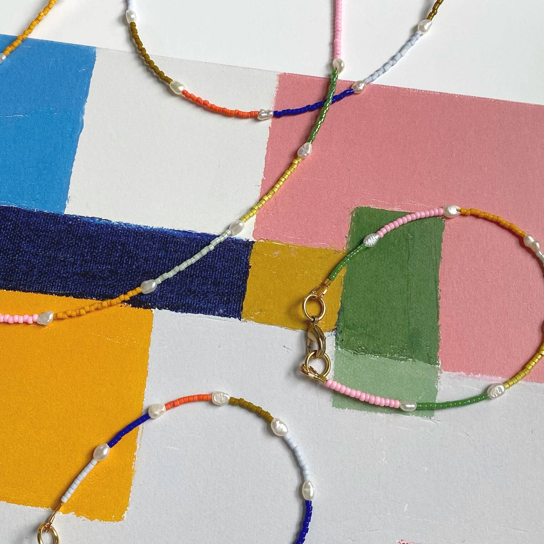 Loela - Node Choker - Mustard and Pink Beads and Freshwater Pearls - Image 4