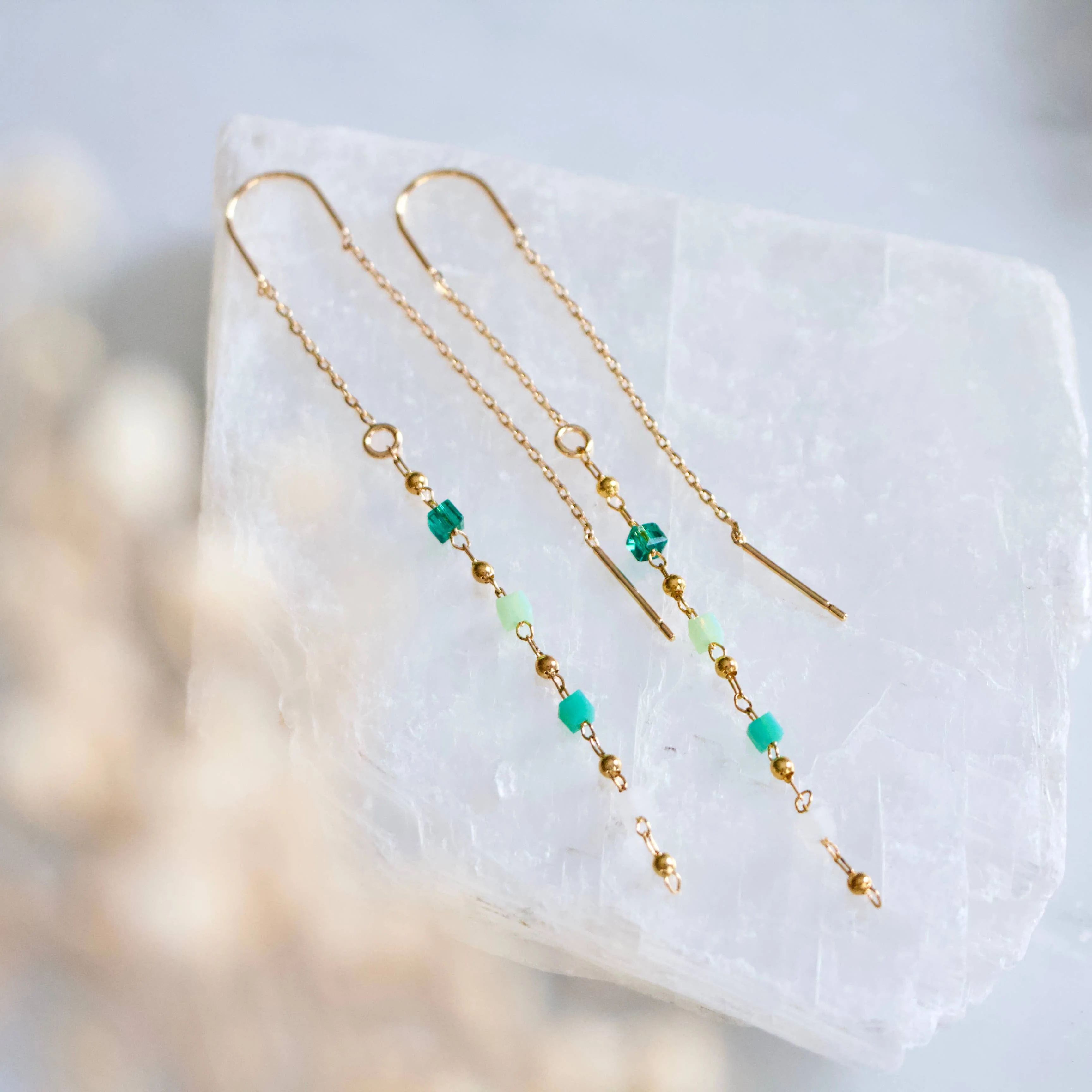 Crystal Nugget Chain Threader Earrings - Green