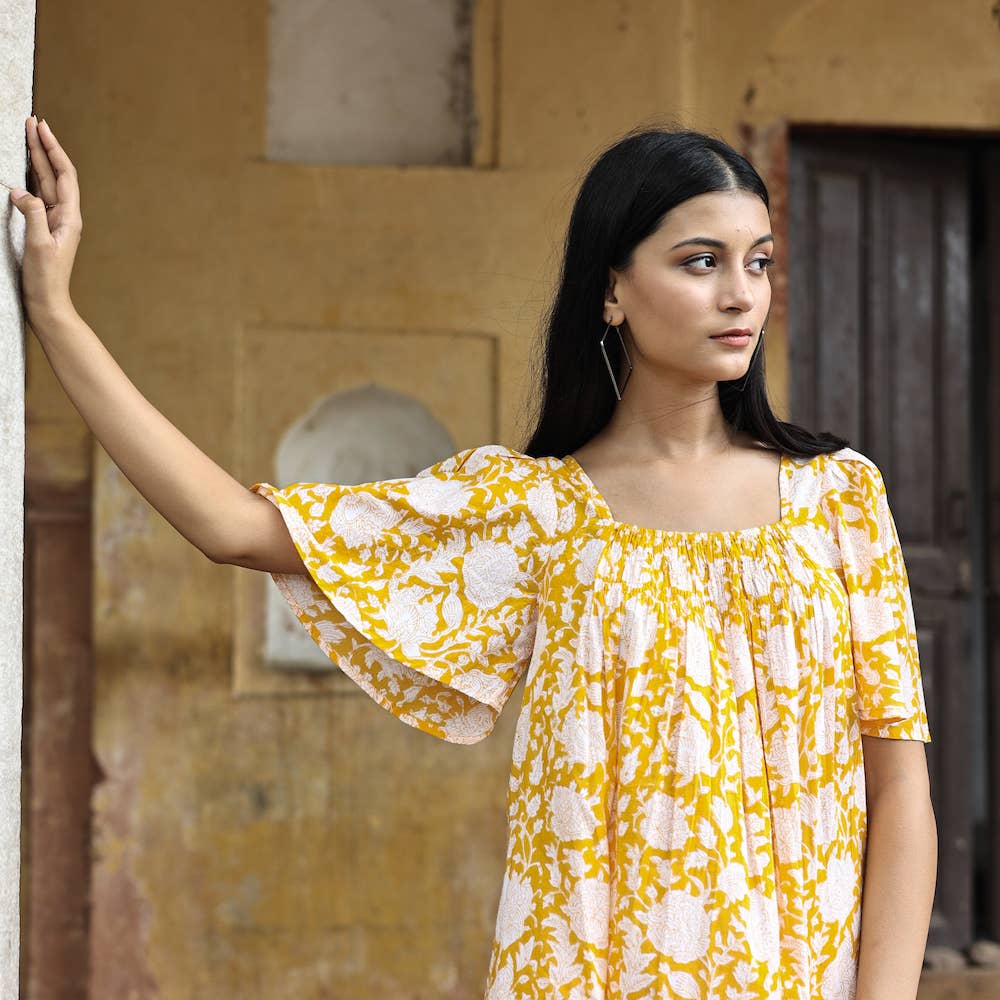 The Fox and The Mermaid - Block Printed Mini Sanvi Yellow Dress - Image 5
