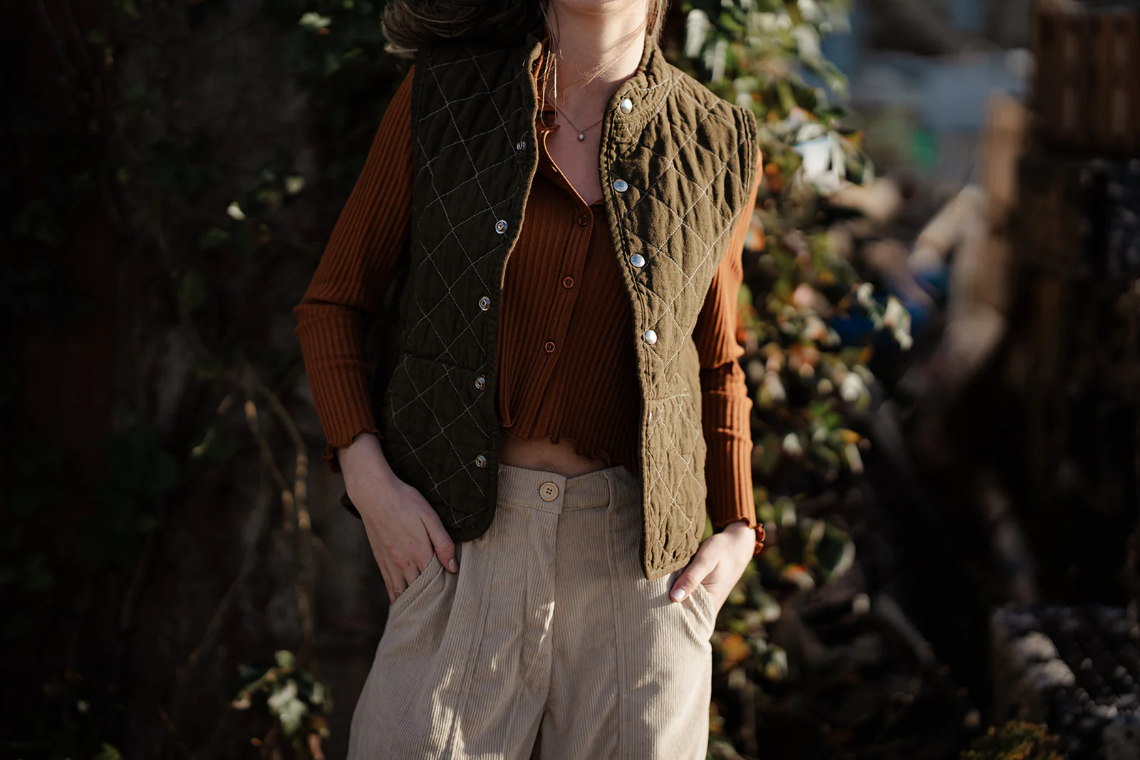 Utility Canvas Quilted Snap Vest - Olive Green Vest - Image 4