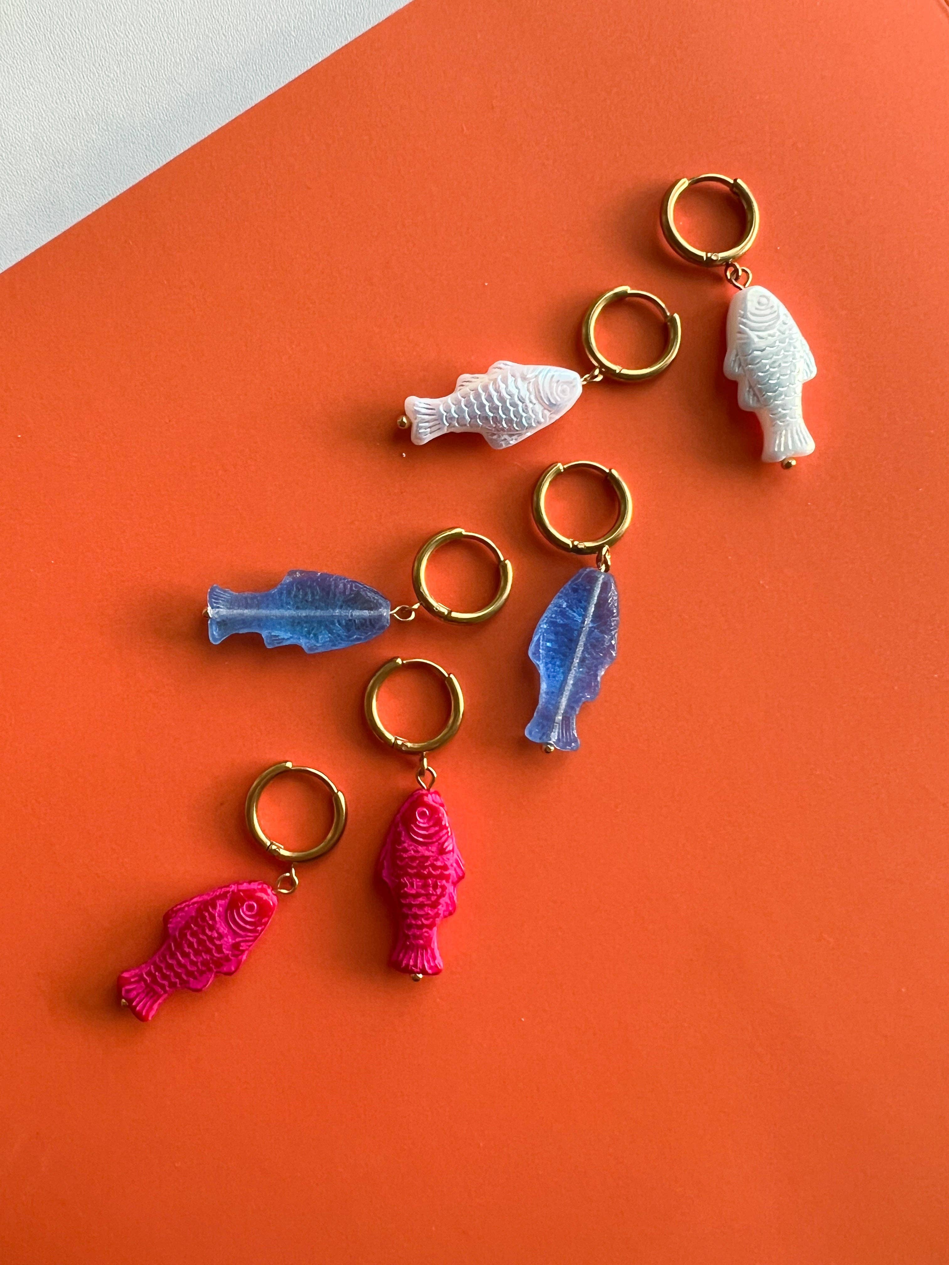 Yellow Dots Studio - Fun Sardine Earrings | Glass Bead Earrings: Blue - Image 3