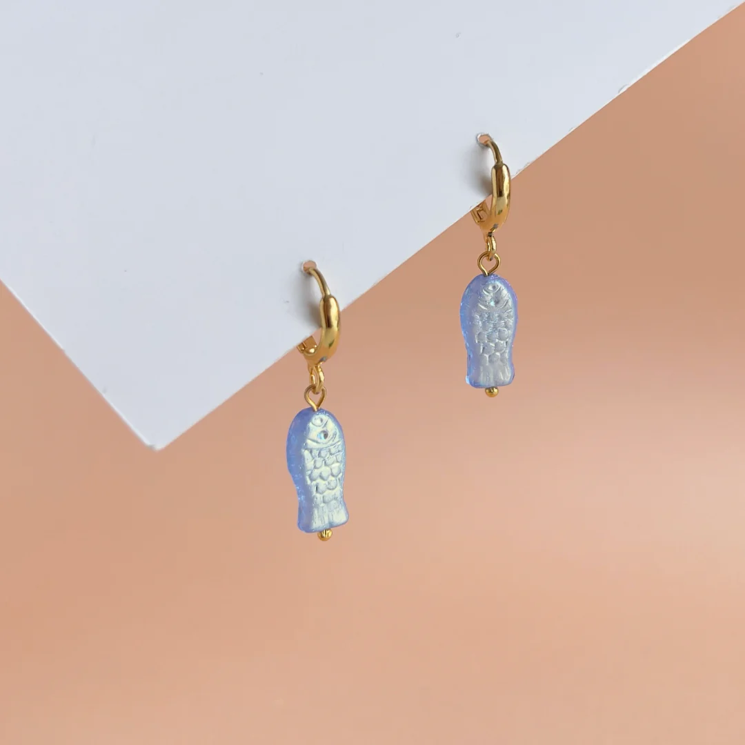 Yellow Dots Studio - Mini Blue Sardine Earrings | Glass Bead Earrings - Image 2
